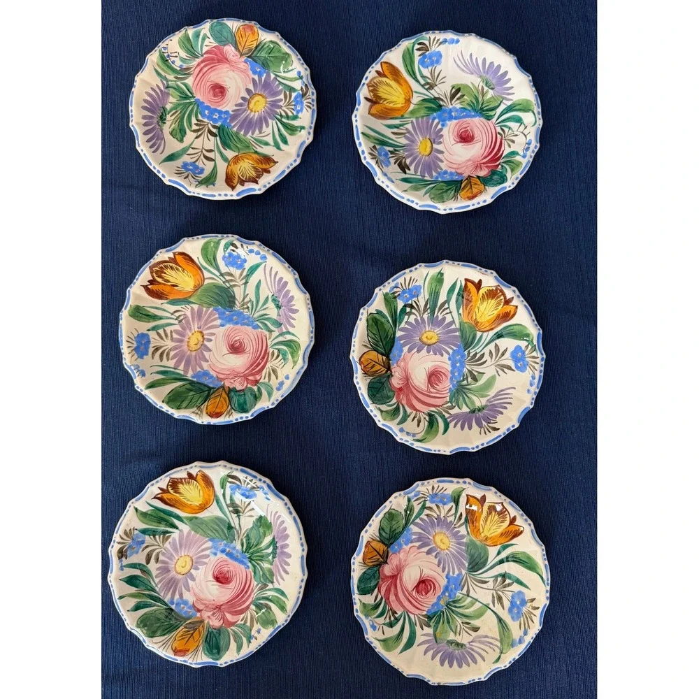 6 Vintage Italian Pottery Dessert Plates 6in Floral Hand Painted Cottagecore